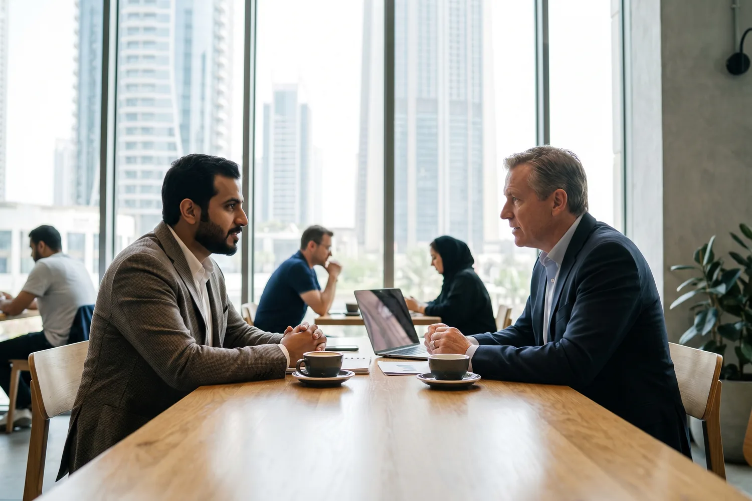 A founder and an executive talk over coffee at a window table in a modern business-district café