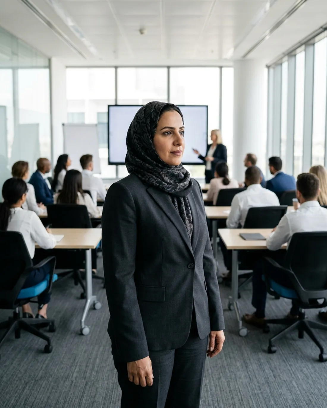 An executive standing in a modern training room with a session under way behind